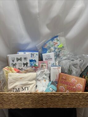 Baby Gift Basket with Plush Elephant & Squishy Toys - Neutral Cream & Gray NWT